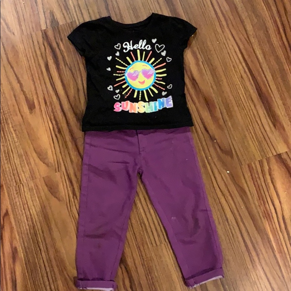 2T outfit purple pants and sunshine shirt